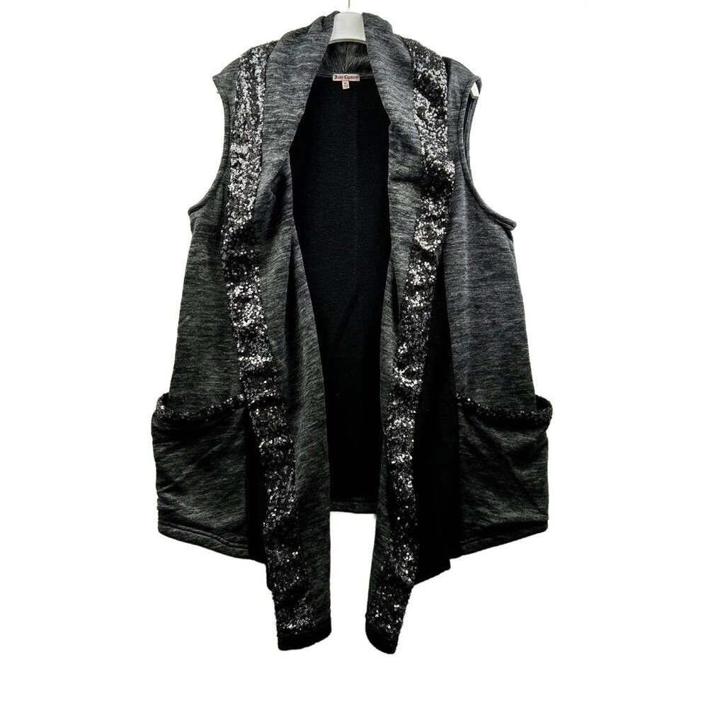 Juicy Couture‎ Vest Cardigan Womens M Gray Sequin Drape Open Front Y2K Glam